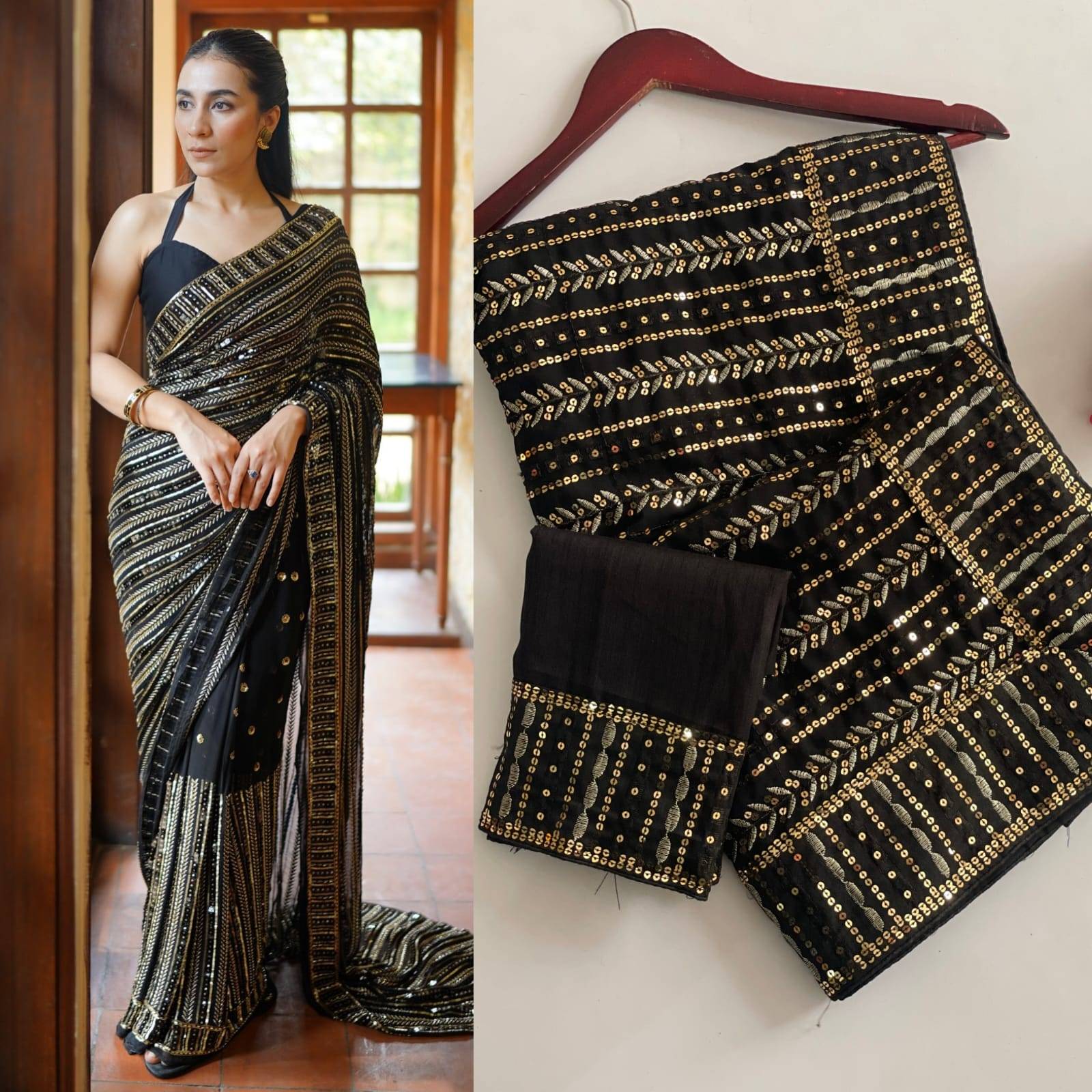 Black Premium Sequins Embroidered Faux Georgette Saree